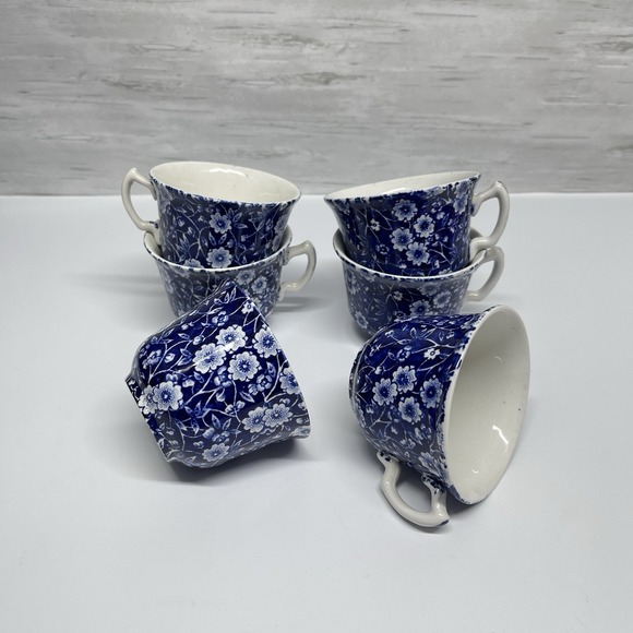 Vintage Crownford Staffordshire Blue Calico Lot Of 6 Teacups England Ironstone - Picture 5 of 9